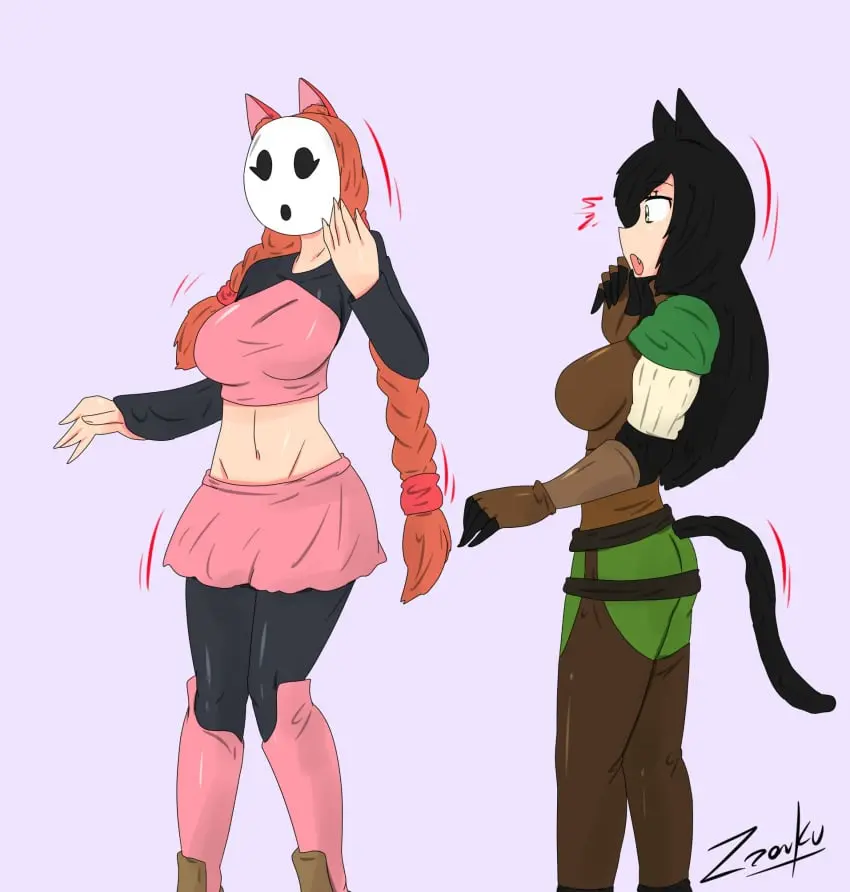 Image female,female_only,black_hair,multiple_girls,cat_ears,cat_girl,orange_hair,original,cat_tail,mario_(series),nintendo,femsub,transformation,mask,shy_gal,zronku,shygalization,mid-transformation,kya_(nazwa),viltai_(viltai)