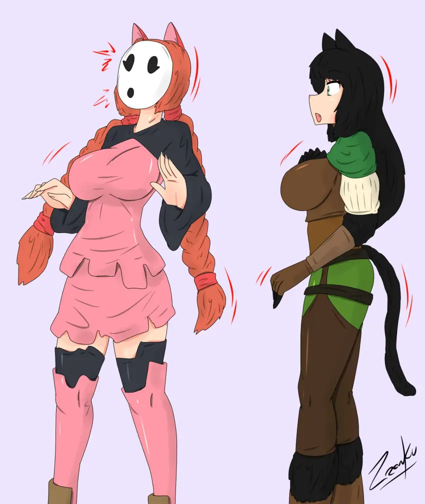 Image female,female_only,black_hair,multiple_girls,cat_ears,cat_girl,orange_hair,original,cat_tail,mario_(series),nintendo,femsub,transformation,mask,shy_gal,zronku,shygalization,mid-transformation,kya_(nazwa),viltai_(viltai)