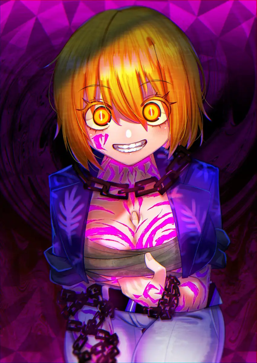 Image 1girls,big_breasts,breasts,clothing,female,looking_at_viewer,open_clothes,smile,short_hair,yellow_eyes,cleavage,tattoo,blonde_hair,leaning_forward,chains,tattoos,project_moon,limbus_company,don_quixote_(limbus_company),the_middle_(identity)_(project_moon)
