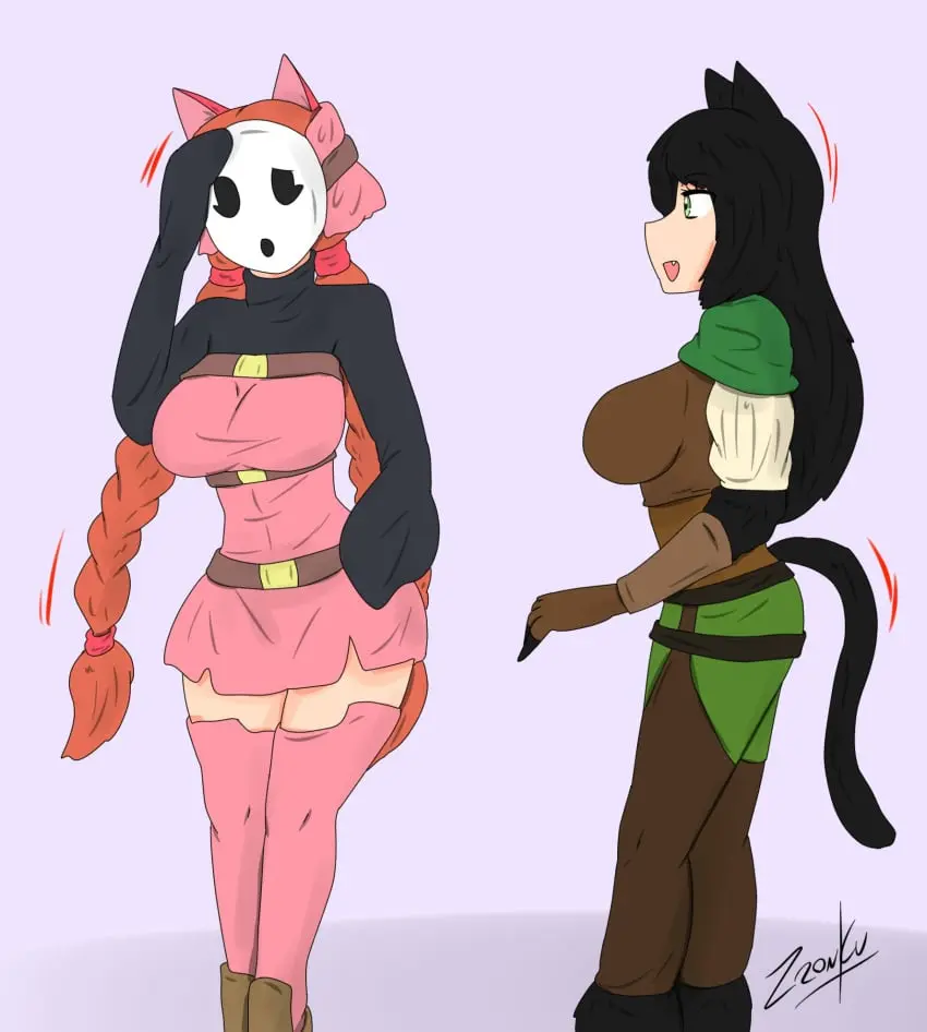 Image female,female_only,black_hair,multiple_girls,cat_ears,cat_girl,orange_hair,original,cat_tail,mario_(series),nintendo,femsub,transformation,mask,shy_gal,zronku,shygalization,mid-transformation,kya_(nazwa),viltai_(viltai)