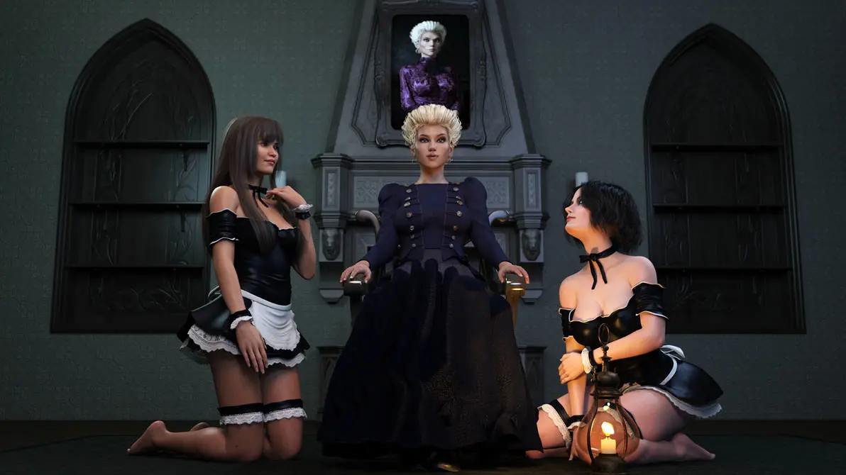 Image female,female_only,black_hair,multiple_girls,blonde_hair,original,brown_hair,3d,maid,3girls,ironclawroo