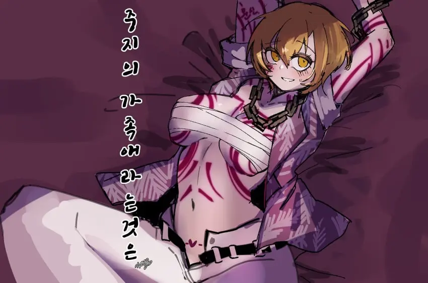 Image 1girls,big_breasts,blush,breasts,female,looking_at_viewer,open_clothes,shirt,short_hair,yellow_eyes,arms_up,tattoo,blonde_hair,sweatdrop,laying_down,chains,looking_up,tattoos,project_moon,limbus_company,don_quixote_(limbus_company),the_middle_(identity)_(project_moon)