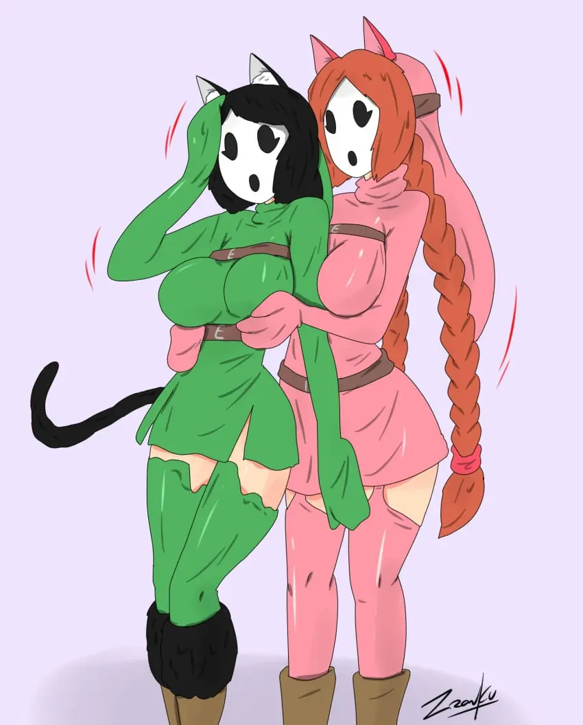 Image breasts,female,female_only,black_hair,multiple_girls,cat_ears,cat_girl,orange_hair,original,cat_tail,mario_(series),nintendo,breast_grab,femsub,transformation,femdom,mask,shy_gal,zronku,shygalization,mid-transformation,hypnotized_hypnotist,kya_(nazwa),viltai_(viltai)