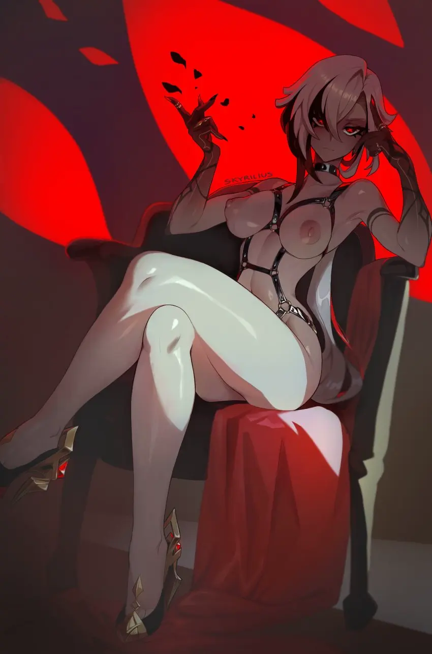 Image 1girls,breasts,female,female_only,large_breasts,looking_at_viewer,solo,short_hair,female_focus,two_tone_hair,solo_female,solo_focus,genshin_impact,arlecchino_(genshin_impact),fatui,skyrilius