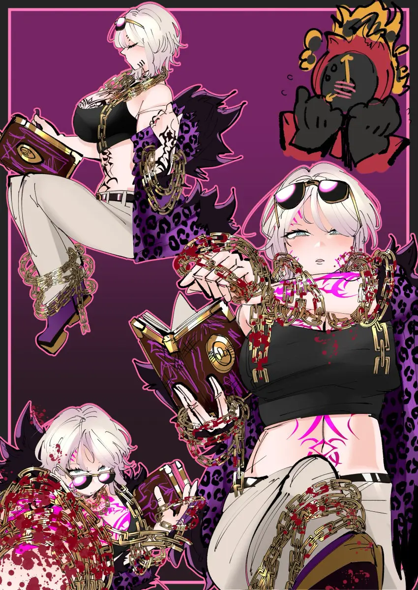 Image 1girls,big_breasts,blush,breasts,clothing,female,looking_at_viewer,white_hair,blue_eyes,short_hair,voluptuous,tattoo,glasses,voluptuous_female,blood,from_below,chains,sunglasses,looking_over_eyewear,looking_over_glasses,looking_over_sunglasses,tinted_eyewear,pink-tinted_eyewear,tattoos,coat,project_moon,limbus_company,dante_(limbus_company),faust_(limbus_company),the_middle_(identity)_(project_moon)