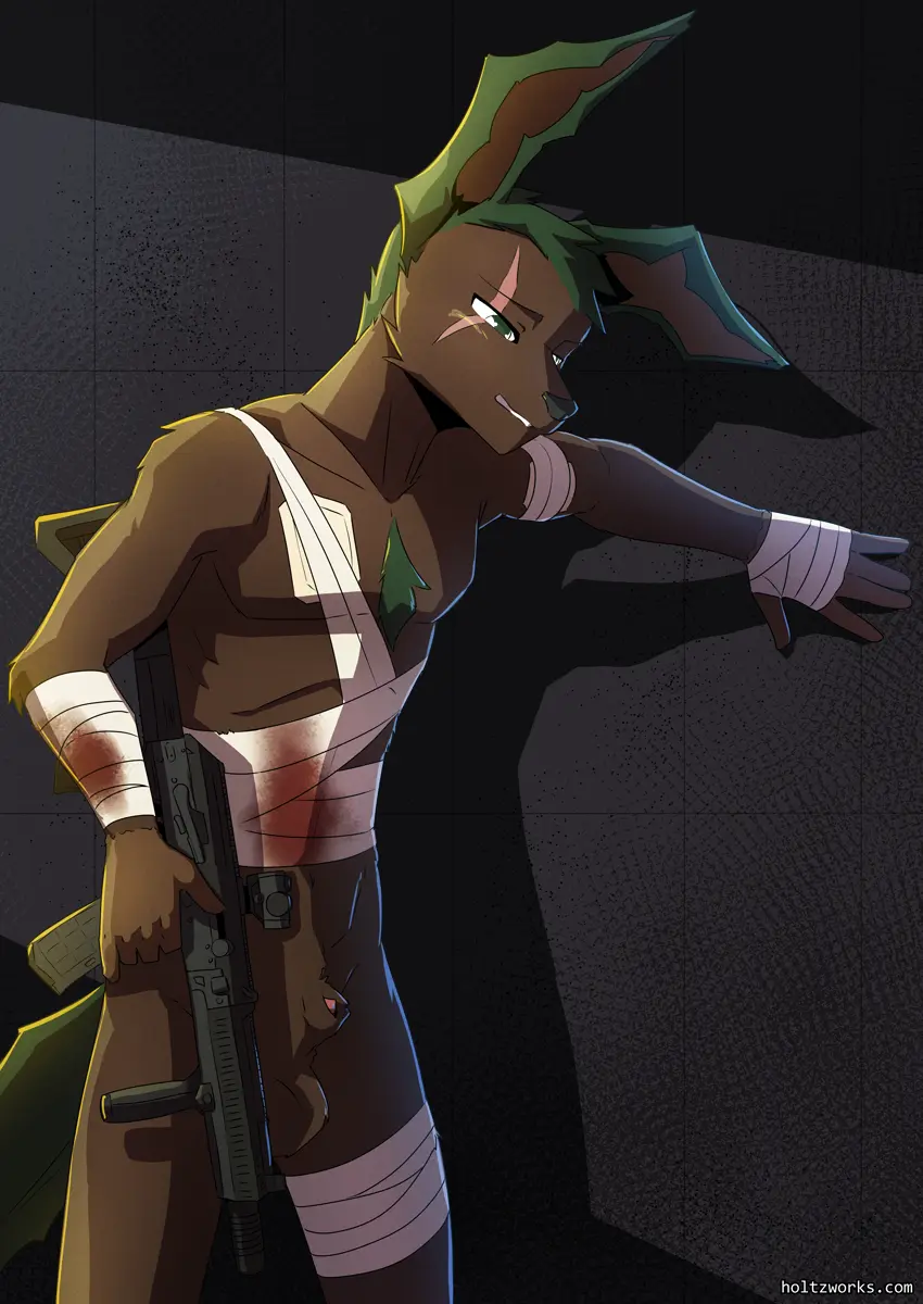 Image hi_res,solo,eeveelution,male,nude,pokemon,pokemon_(species),balls,anthro,nintendo,blood,leafeon,bodily_fluids,genitals,scar,weapon,penile,animal_genitalia,sheath,bandage,generation_4_pokemon,fan_character,ranged_weapon,gun,leaning,rifle,folius,holtz,kalashnikov
