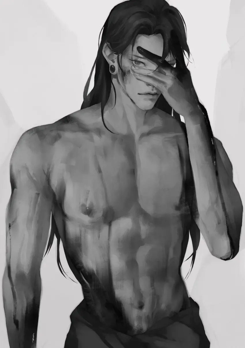Image solo,1boy,male,muscular,male_only,blood,black_and_white,solo_male,abs,jujutsu_kaisen,suguru_geto,_3aem