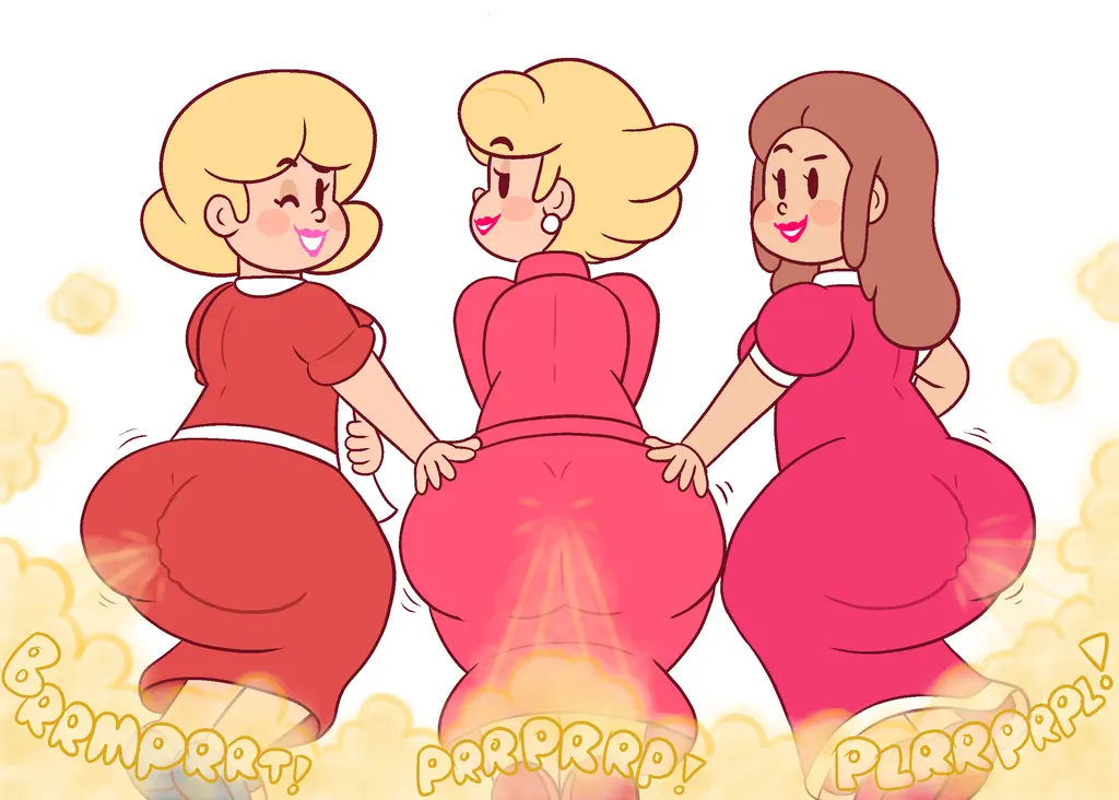Image female,female_only,looking_at_viewer,multiple_girls,bubble_butt,tagme,blonde_hair,dress,brown_hair,nintendo,3girls,hand_on_butt,hand_on_ass,onomatopoeia,fart,gassy,farting,mother_(series),mother_3,farts,drawful-s,enormous_thighs,farting_at_viewer,carol_(mother),earthbound,farting_together,hinawa,ness's_mom,yoshizilla