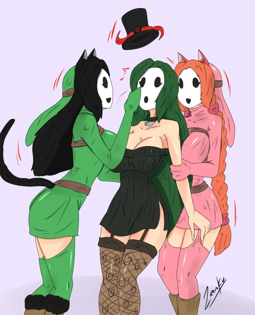 Image female,female_only,black_hair,multiple_girls,cat_ears,cat_girl,orange_hair,original,mario_(series),nintendo,green_hair,femsub,transformation,femdom,top_hat,mask,shy_gal,zronku,shygalization,pre-transformation,hypnotized_hypnotist,kya_(nazwa),viltai_(viltai),accord_(accord)