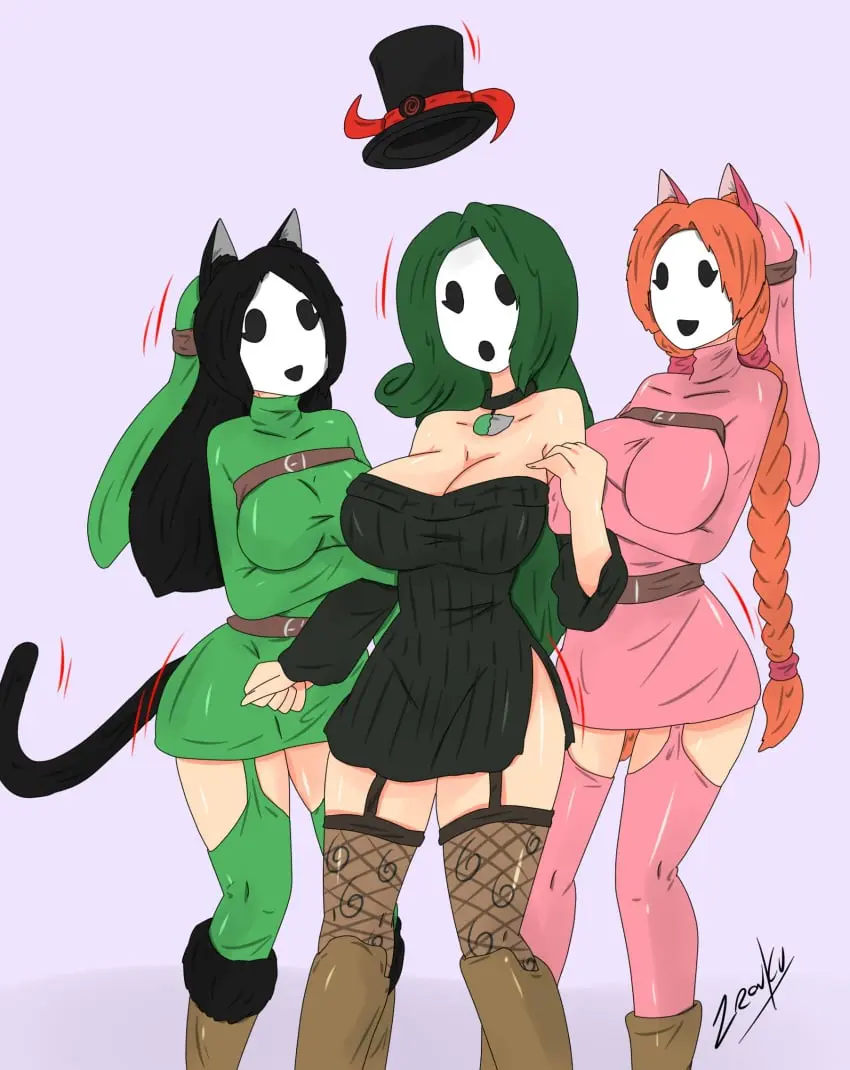 Image female,female_only,black_hair,multiple_girls,cat_ears,cat_girl,orange_hair,original,mario_(series),nintendo,green_hair,femsub,transformation,femdom,top_hat,mask,shy_gal,mid_transformation,zronku,shygalization,hypnotized_hypnotist,kya_(nazwa),viltai_(viltai),accord_(accord)