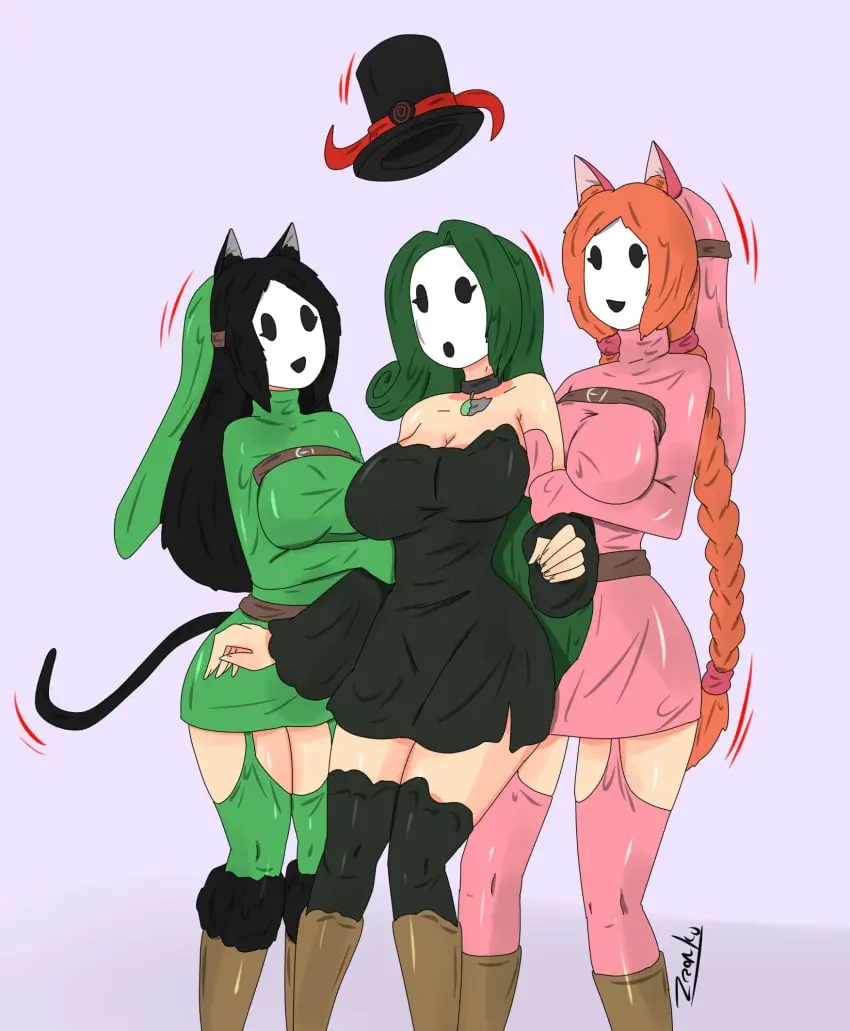 Image female,female_only,black_hair,multiple_girls,cat_ears,cat_girl,orange_hair,original,mario_(series),nintendo,green_hair,femsub,transformation,femdom,top_hat,mask,shy_gal,mid_transformation,zronku,shygalization,hypnotized_hypnotist,kya_(nazwa),viltai_(viltai),accord_(accord)