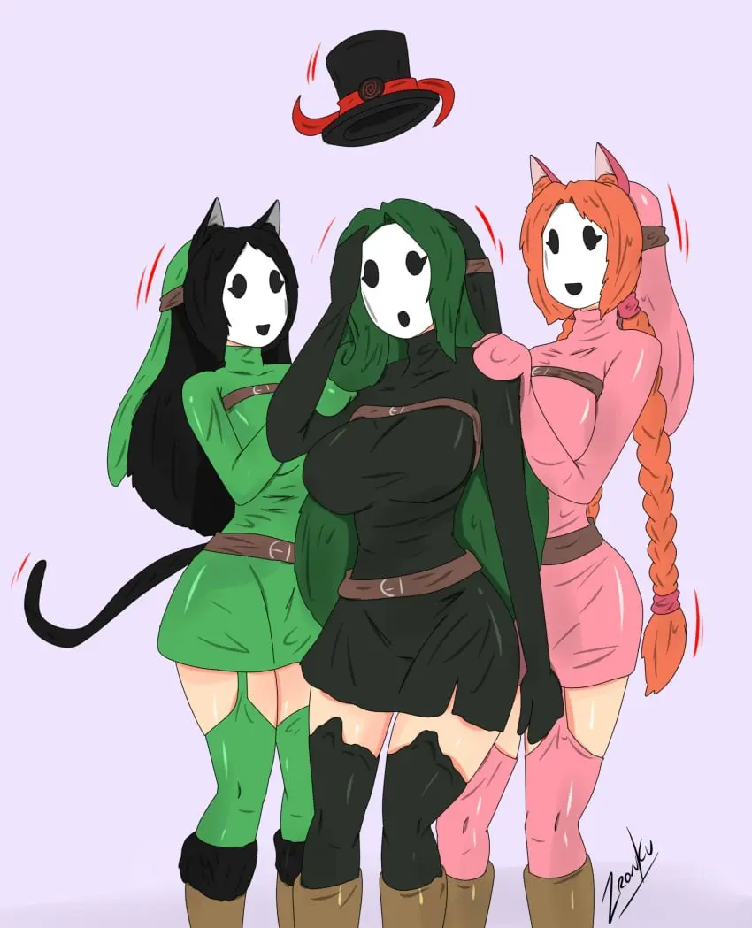 Image female,female_only,black_hair,multiple_girls,cat_ears,cat_girl,orange_hair,original,mario_(series),nintendo,green_hair,femsub,transformation,femdom,top_hat,mask,shy_gal,mid_transformation,zronku,shygalization,hypnotized_hypnotist,kya_(nazwa),viltai_(viltai),accord_(accord)