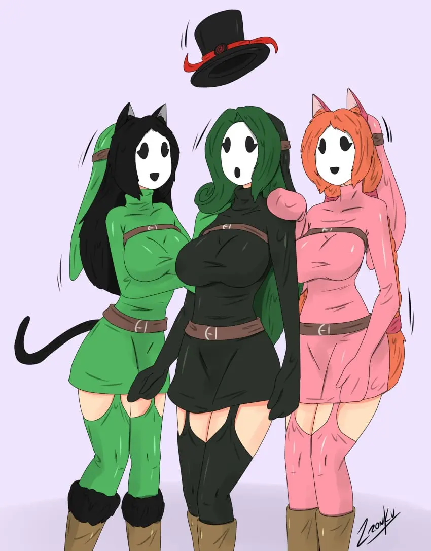 Image female,female_only,black_hair,multiple_girls,cat_ears,cat_girl,orange_hair,original,mario_(series),nintendo,green_hair,femsub,transformation,femdom,top_hat,mask,shy_gal,post_transformation,zronku,shygalization,hypnotized_hypnotist,kya_(nazwa),viltai_(viltai),accord_(accord)