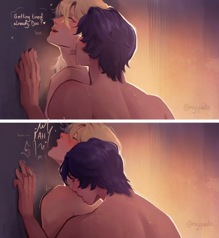 Image blush,open_mouth,licking,male,nude,sweat,looking_back,2boys,male/male,male_only,yaoi,artist_name,nude_male,english_text,holding_hands,kissing,teasing,moaning,implied_sex,no_visible_genitalia,honkai:_star_rail,against_wall,aventurine_(honkai:_star_rail),dr._ratio_(honkai:_star_rail),kissing_neck,rayzpusta