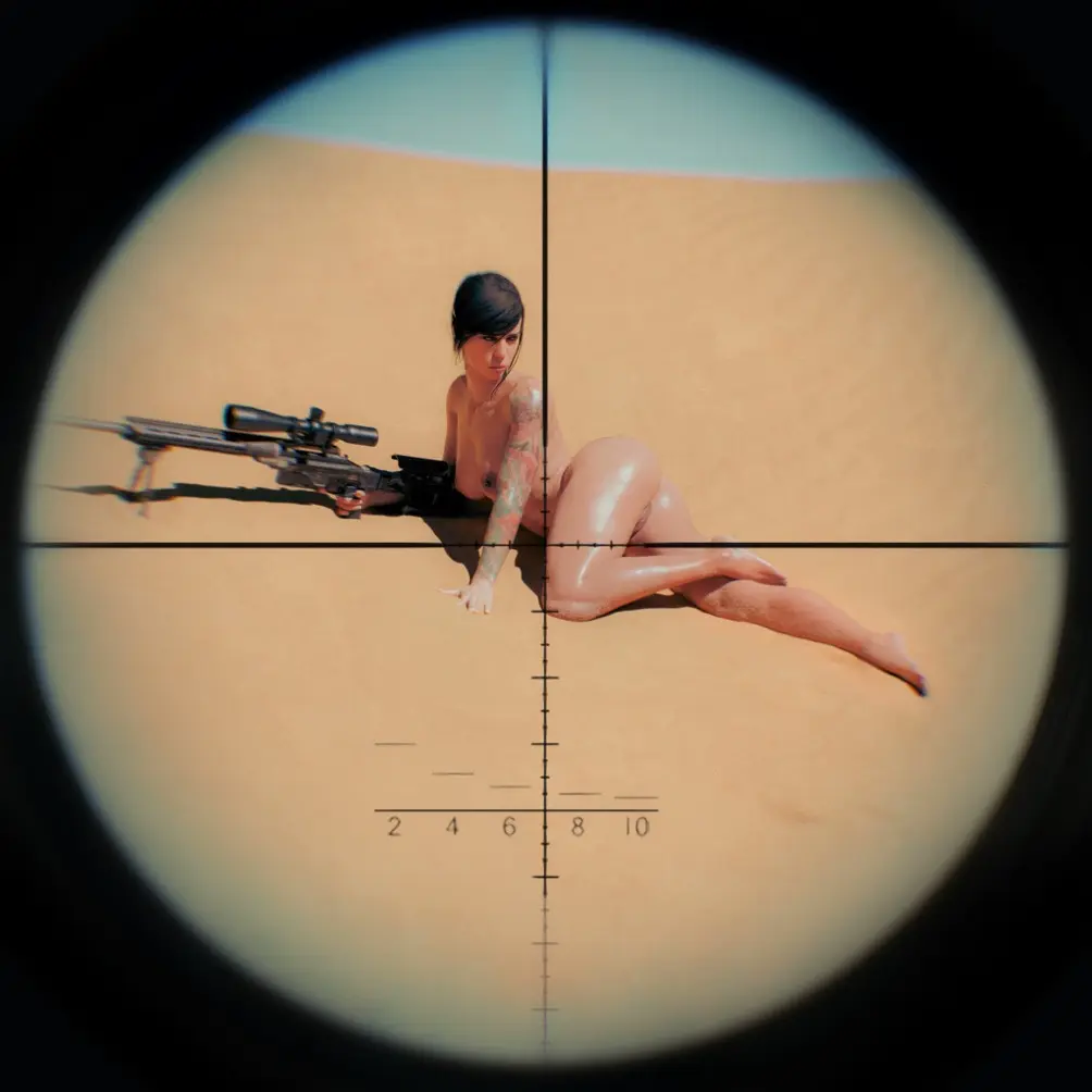 Image female,looking_back,thick_thighs,thighs,midriff,tattoo,3d,stomach,sand,naked_female,dark_nipples,gun,calves,perfect_legs,tattoos,desert,knees,call_of_duty,sniper_rifle,mara_(cod),nv3d