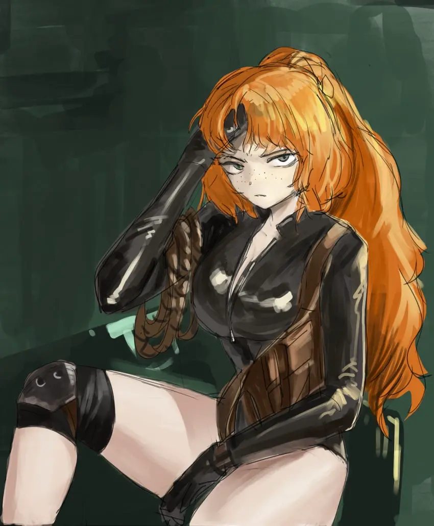 Image 1girls, big_breasts, breasts, female, long_hair, looking_at_viewer, thick_thighs, ponytail, freckles, ginger, green_eyes, sitting, bodysuit, ginger_hair, unzipped, rubber, rubber_suit, project_moon, limbus_company, ishmael_(limbus_company), wetsuit