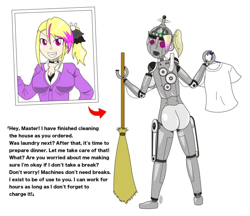 Image breasts,female,nipples,ass,thick_thighs,wide_hips,nipple_piercing,transformation,before_and_after,metallic_body,robot,robot_girl,robot_humanoid,mind_control,implied_transformation,identity_death,mental_transformation,robotization,metal_skin,metal_transformation,mechanization,tategishi_(artist)