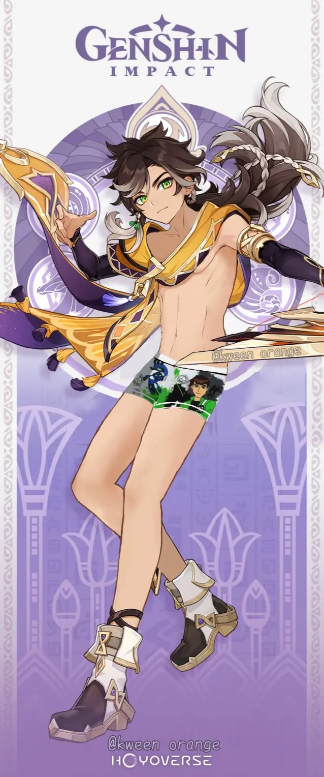 Image 1girls,female,solo,1boy,male,text,green_eyes,genshin_impact,artist_signature,crossover,sethos_(genshin_impact),kweenorange
