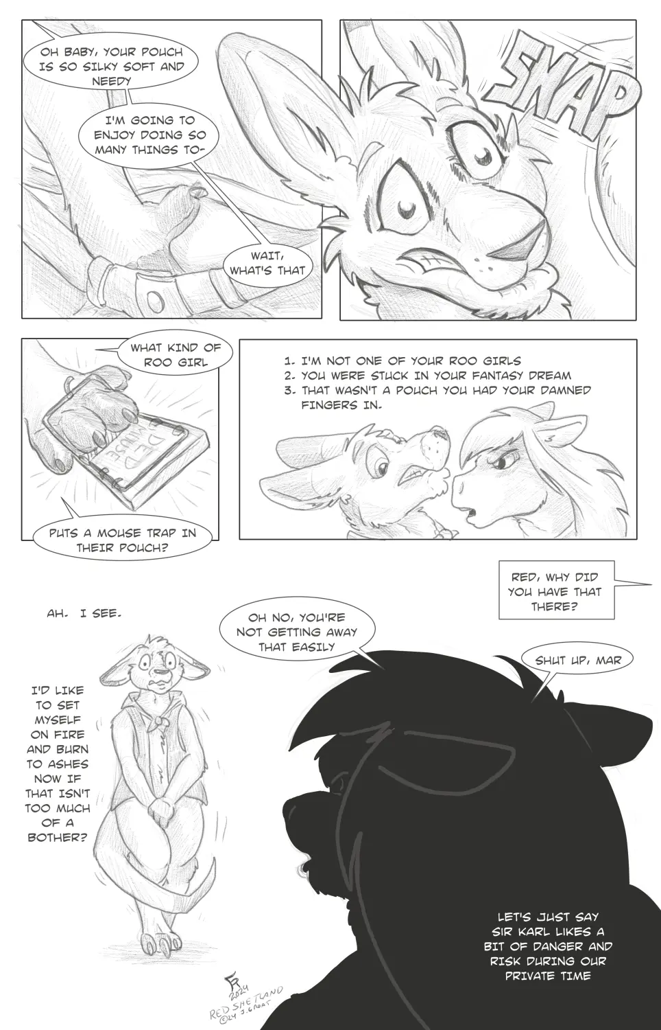 Image clothed,clothing,female,hi_res,male,tail,duo,hair,male/female,anthro,text,comic,fur,mammal,dialogue,claws,toe_claws,bottomless,english_text,angry,2024,covering,markings,topwear,dipstick_tail,tail_markings,equid,equine,horse,open_clothing,covering_crotch,vest,marsupial,open_topwear,open_vest,dipstick_ears,multicolored_ears,hand_in_pants,kangaroo,macropod,mouse_trap,covering_self,ear_markings,flinters,flinters_(character),red_shetland,trap_(contrivance)