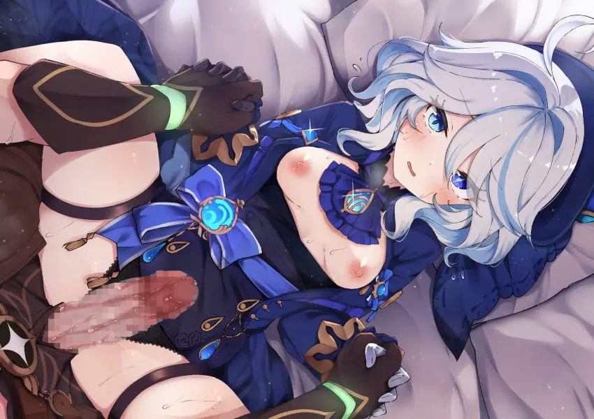 Image blush,bow,breasts,breasts_out,female,grey_hair,highres,long_sleeves,looking_at_viewer,nipples,1boy,blue_eyes,gloves,male,penis,sweat,lying,on_back,panties,underwear,hat,small_breasts,blue_gemstone,gem,solo_focus,spread_legs,parted_lips,dress,censored,mosaic_censoring,genshin_impact,ahoge,medium_hair,aether_(genshin_impact),black_panties,hair_between_eyes,dress_lift,hair_intakes,jacket,clothes_lift,heterochromia,imminent_penetration,thigh_strap,furina_(genshin_impact),m_legs,blue_hat,imminent_vaginal,blue_jacket,blue_bow,mismatched_gloves,brown_gloves,ascot,asymmetrical_gloves,blue_ascot,jon_(pixiv31559095)