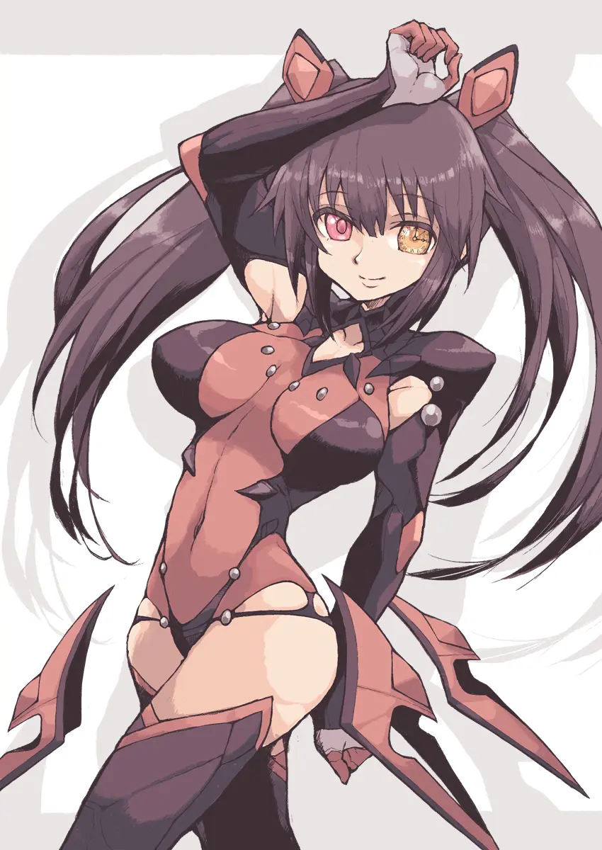 Image breasts, clothed, female, light-skinned_female, long_hair, red_eyes, solo, black_hair, thighs, solo_female, twintails, tight_clothing, heterochromia, date_a_live, tokisaki_kurumi