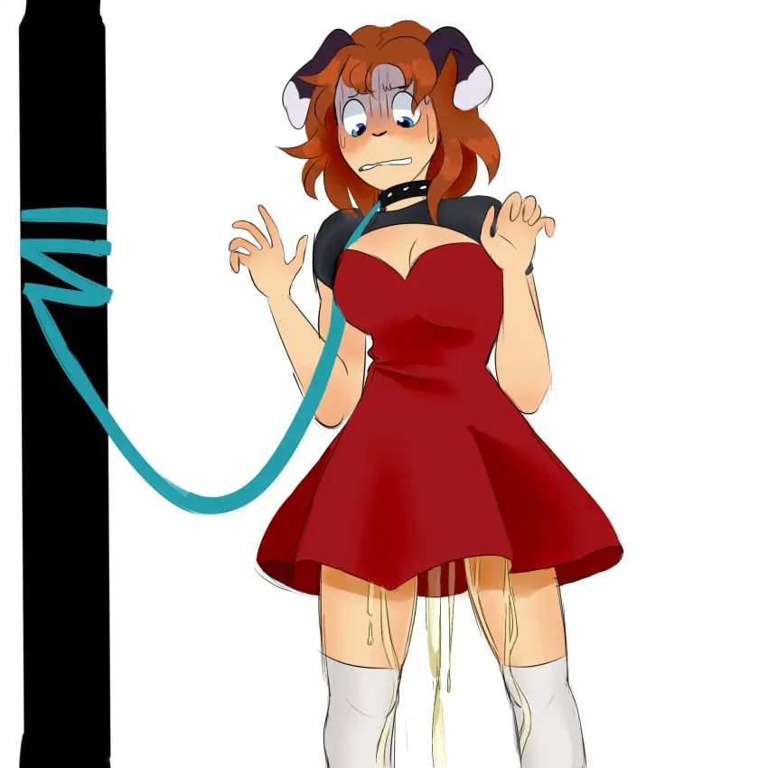 Image female,blue_eyes,short_hair,thighhighs,dress,stockings,collar,skirt,dog_ears,leash,fully_clothed,peeing,omorashi,peeing_self,wetting_self,dog_collar,red_skirt,wetting,flowers-omo,nomako