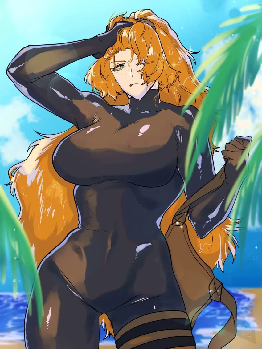 Image 1girls,big_breasts,breasts,female,large_breasts,long_hair,solo,standing,very_long_hair,thick_thighs,ponytail,freckles,wide_hips,beach,orange_hair,solo_female,ginger,green_eyes,tied_hair,artist_request,mature_female,fit,fit_female,hourglass_figure,slim_waist,ginger_hair,png,seaside,rubber,rubber_suit,project_moon,limbus_company,ishmael_(limbus_company),wetsuit