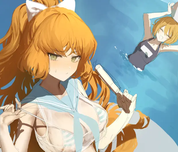 Image big_breasts,blush,breasts,clothing,female,female_only,long_hair,2girls,short_hair,ponytail,freckles,orange_hair,ginger,blonde_hair,green_eyes,micro_bikini,see-through,ginger_hair,sea,project_moon,volleyball,limbus_company,don_quixote_(limbus_company),ishmael_(limbus_company)