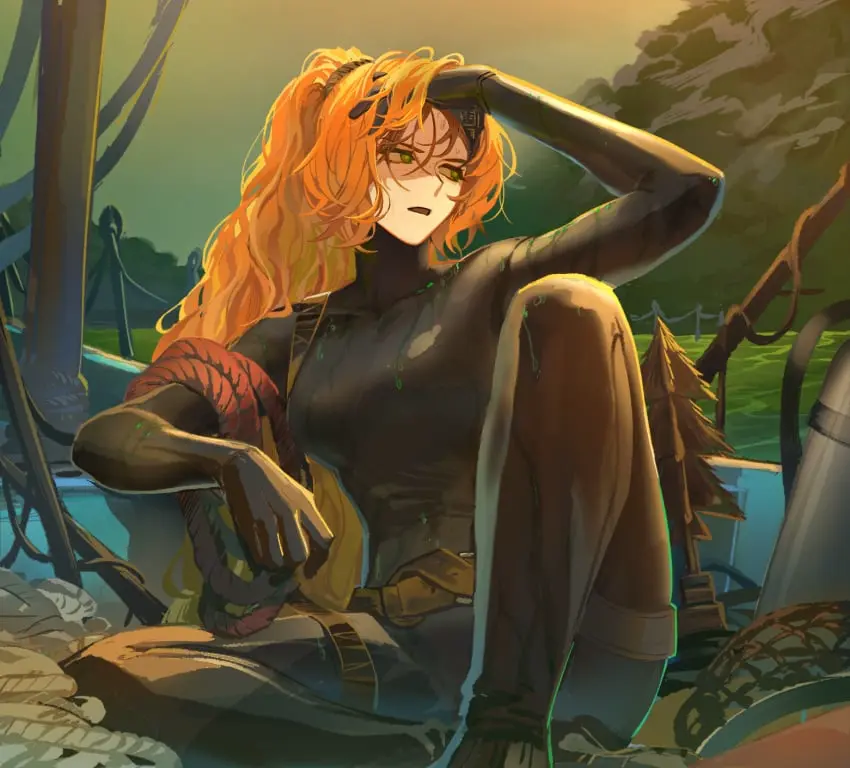 Image 1girls, big_breasts, breasts, clothing, female, female_only, solo, hand_on_head, voluptuous, ponytail, freckles, water, orange_hair, ginger, green_eyes, sitting, tied_hair, dripping, ginger_hair, seaside, rubber, rubber_suit, project_moon, limbus_company, ishmael_(limbus_company), wetsuit