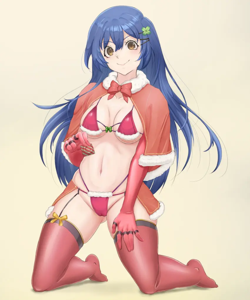 Image breasts,brown_eyes,female,female_only,light-skinned_female,long_hair,solo,blue_hair,bikini,ass,belly,solo_female,stockings,socks,revealing_clothes,skimpy_clothes,fully_clothed,date_a_live,santa_costume,christmas_outfit,itsuka_shiori