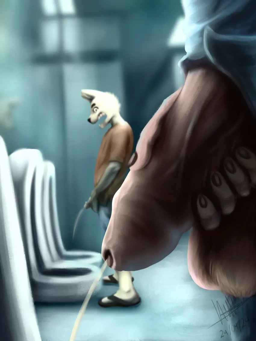 Image hi_res,male,penis,duo,male/male,anthro,canid,canine,canis,genitals,mammal,wolf,peeing,urinal,huge,impressed,lewd_catto,sneaking