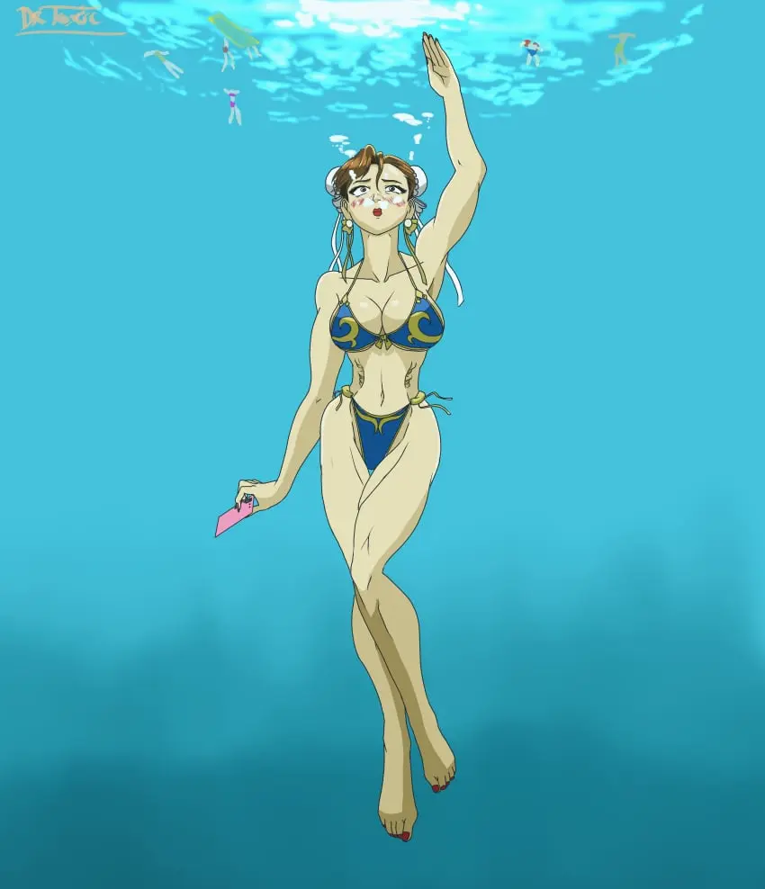 Image 1girls,big_breasts,breasts,female,female_only,human,solo,bikini,water,ocean,solo_focus,lipstick,fully_clothed,capcom,chun-li,street_fighter,sea,underwater,swimming,air_bubbles,freediving,imdrtoxic