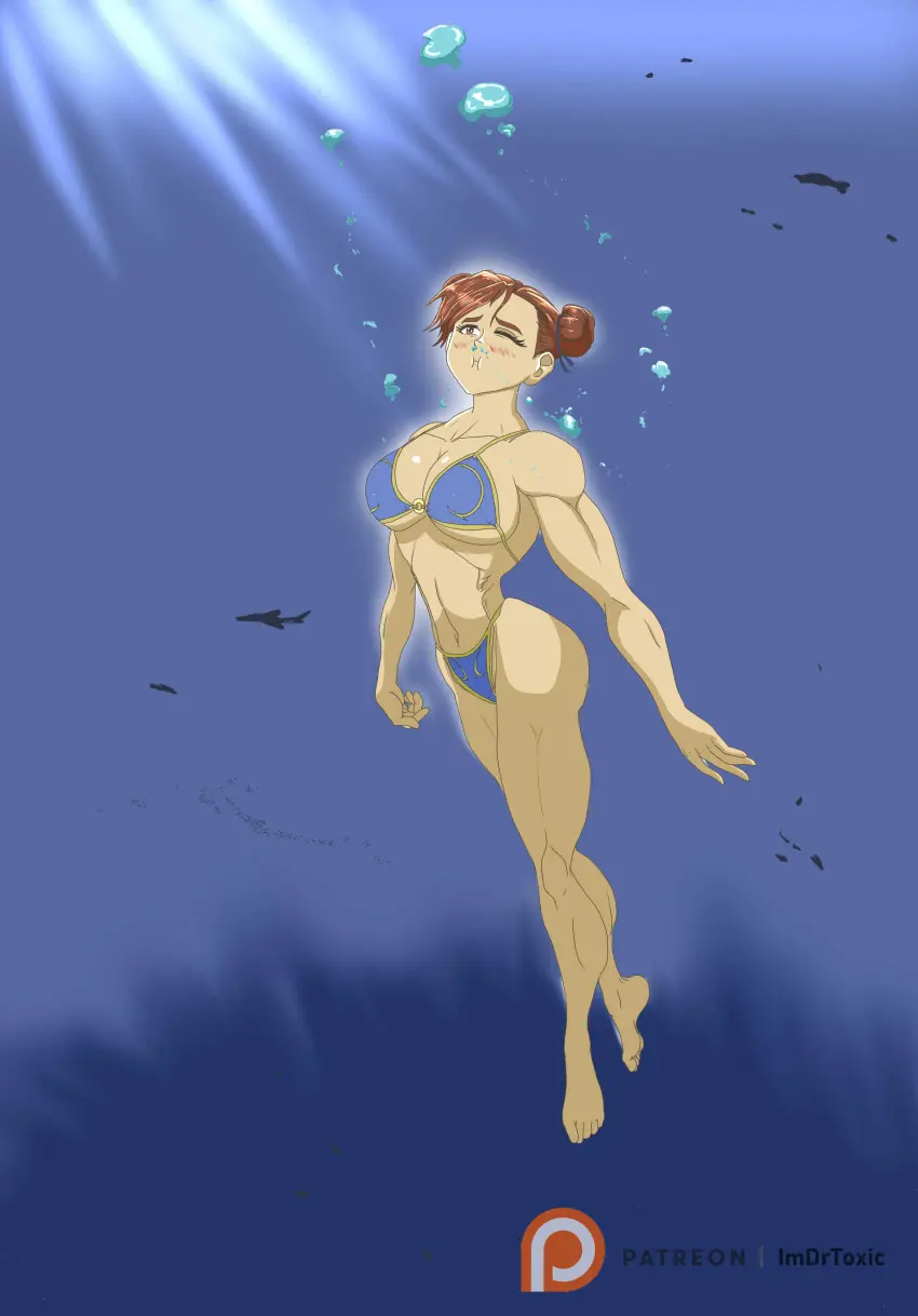 Image 1girls,big_breasts,breasts,female,female_only,human,solo,bikini,water,ocean,fully_clothed,capcom,chun-li,street_fighter,sea,underwater,swimming,air_bubbles,freediving,imdrtoxic