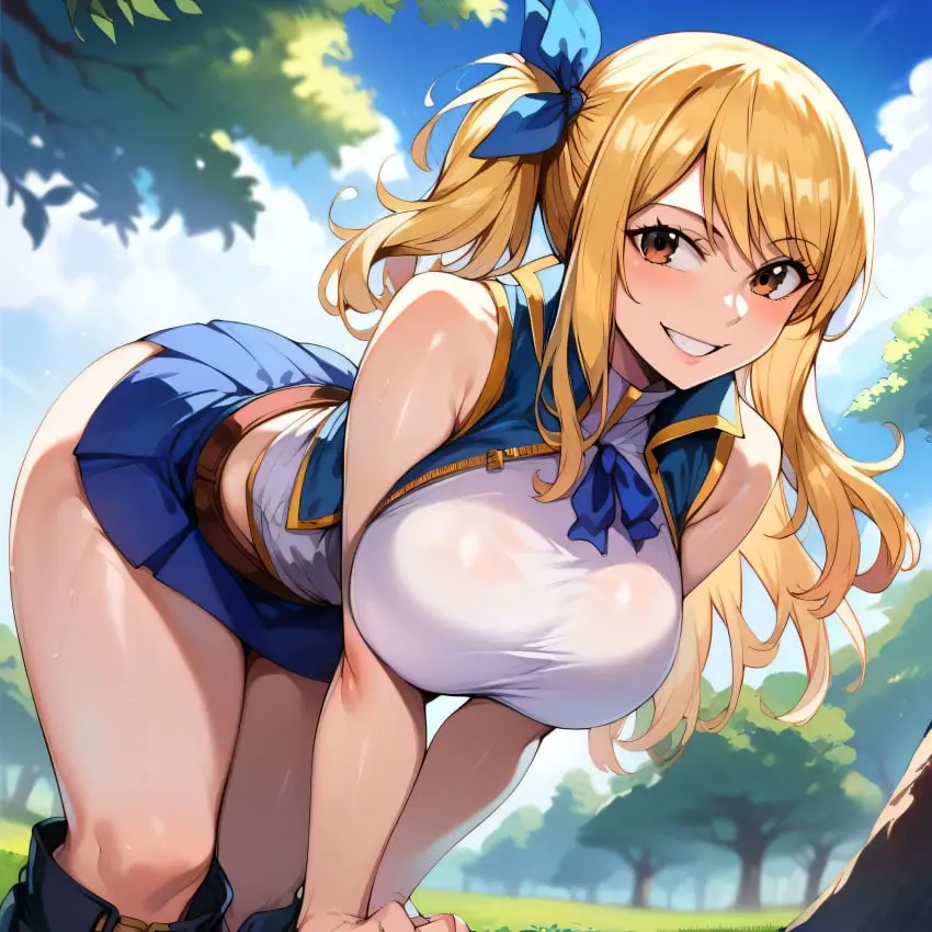 Image 1girls, big_breasts, breasts, female, large_breasts, nipples, solo, sweat, thick_thighs, thighs, ai_generated, huge_breasts, busty, curvy, curvy_body, curvy_female, curvy_figure, outdoors, bent_over, skirt, alternate_breast_size, curvaceous, sweating, sweaty, sweaty_body, sweaty_breasts, fairy_tail, bostin, lucy_heartfilia