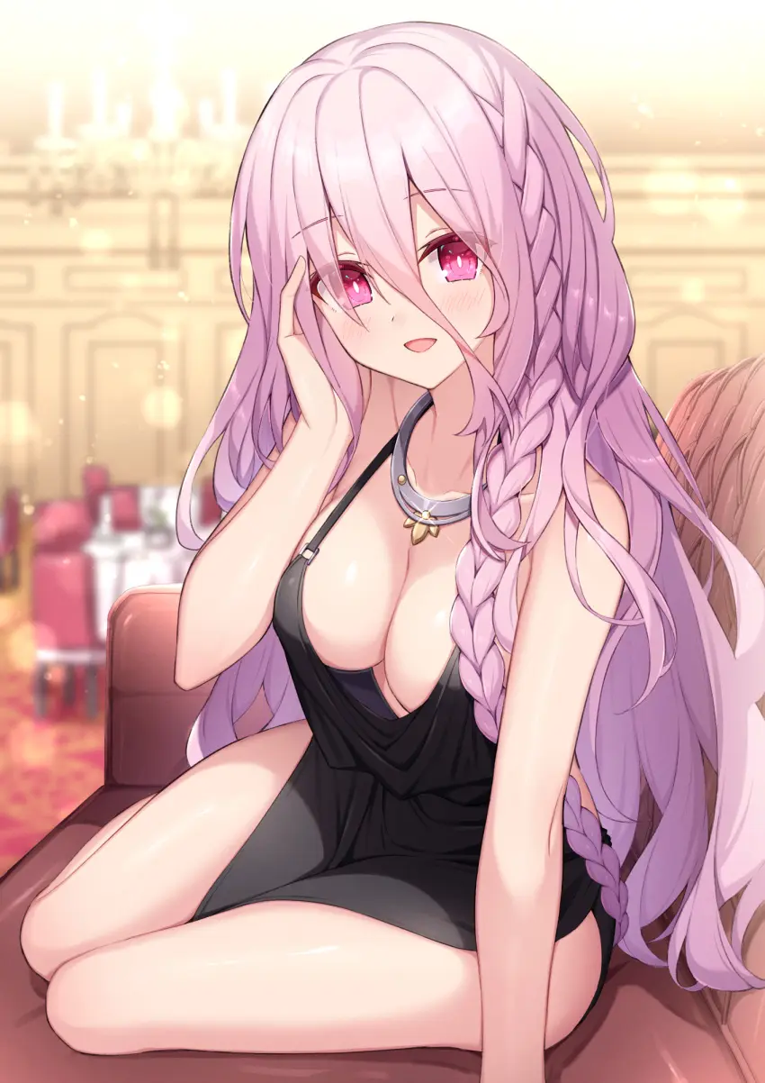 Image breasts,clothed,female,light-skinned_female,long_hair,looking_at_viewer,solo,thighs,cleavage,solo_female,pink_hair,pink_eyes,dress,date_a_live,sonogami_rinne