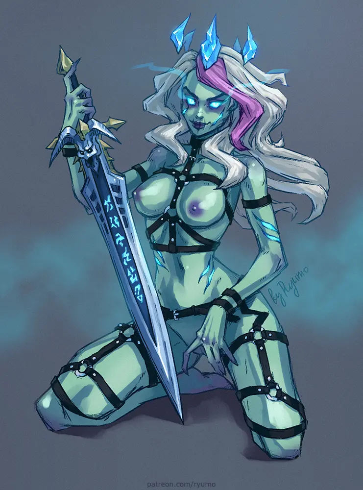 Image 1girls,female,human,solo,white_hair,kneeling,multicolored_hair,warcraft,world_of_warcraft,purple_hair,blizzard_entertainment,jaina_proudmoore,human_(world_of_warcraft),neryumo,death_knight,frost_lich_jaina