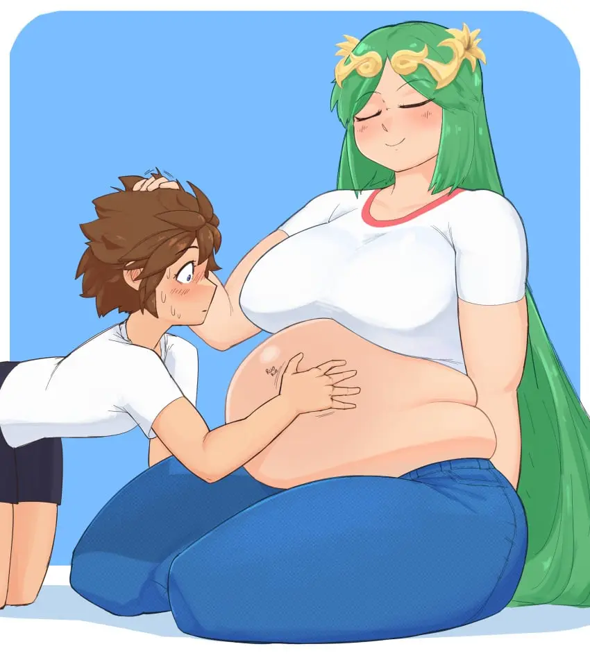 Image 1girls,breasts,female,hi_res,highres,long_hair,1boy,male,short_hair,sweat,belly,big_belly,brown_hair,closed_eyes,sweatdrop,nintendo,green_hair,2022,high_resolution,chubby,chubby_female,wholesome,belly_rub,kid_icarus,kid_icarus_uprising,palutena,pit,pit_(kid_icarus),head_pat,rubbing_belly,rubbing_head,takamoom