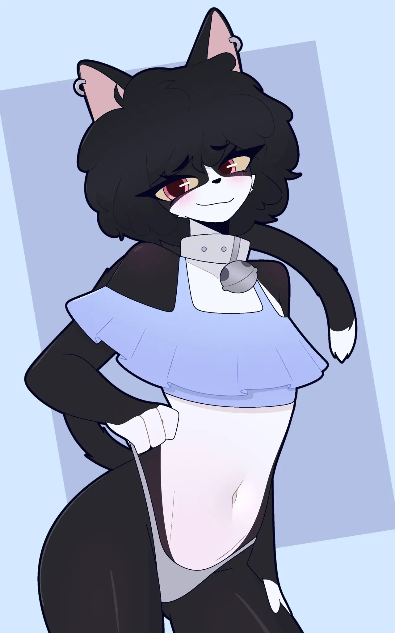 Image female, looking_at_viewer, red_eyes, simple_background, smile, solo, black_hair, navel, bra, furry, panties, earrings, catgirl, happy, collar, :3, thong, yellow_sclera, hand_on_leg, bell, mandoy1o1, womandork909