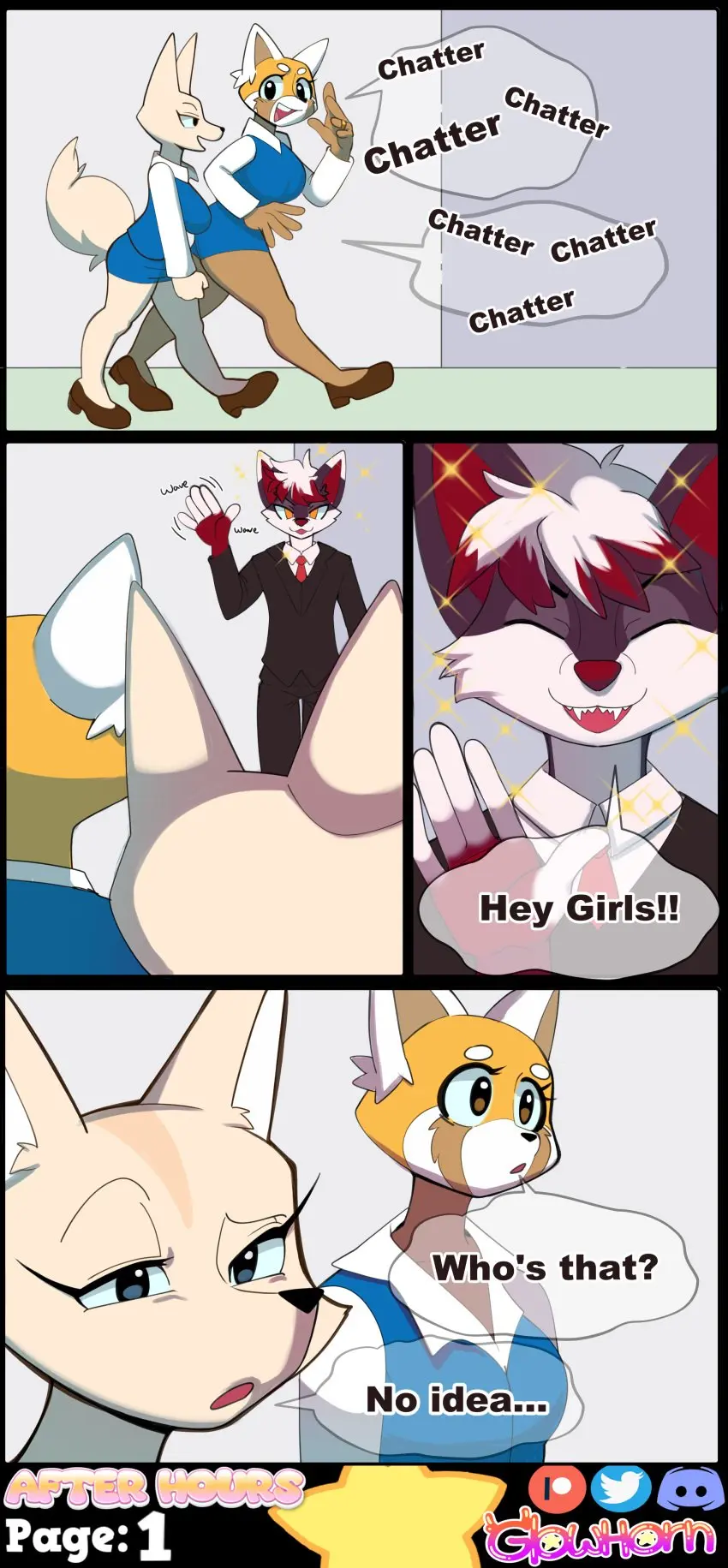 Image brown_eyes,clothing,collared_shirt,female,hi_res,open_mouth,simple_background,smile,white_hair,2girls,blue_eyes,male,tail,red_hair,furry,duo,eyelashes,teeth,hair,male/female,anthro,absurd_res,closed_eyes,sharp_teeth,comic,comic_page,canid,canine,fur,mammal,dialogue,ailurid,red_panda,black_body,black_eyes,english_text,orange_body,dialogue_box,white_body,necktie,ring,brown_fur,fox,gesture,brown_body,orange_fur,white_fur,group,trio,walking,suspicious,waving,waving_hand,red_body,black_fur,sanrio,fennec_fox,true_fox,sparkles,page_number,red_fur,dialogue_bubble,suit,work_uniform,talking_to_another,big_tail,office_clothing,married_female,wedding_ring,page_1,tired_eyes,clothed_breasts,aggressive_retsuko,aggretsuko,fenneko,hallway,artifact_the_fox,glowhorn,retsuko