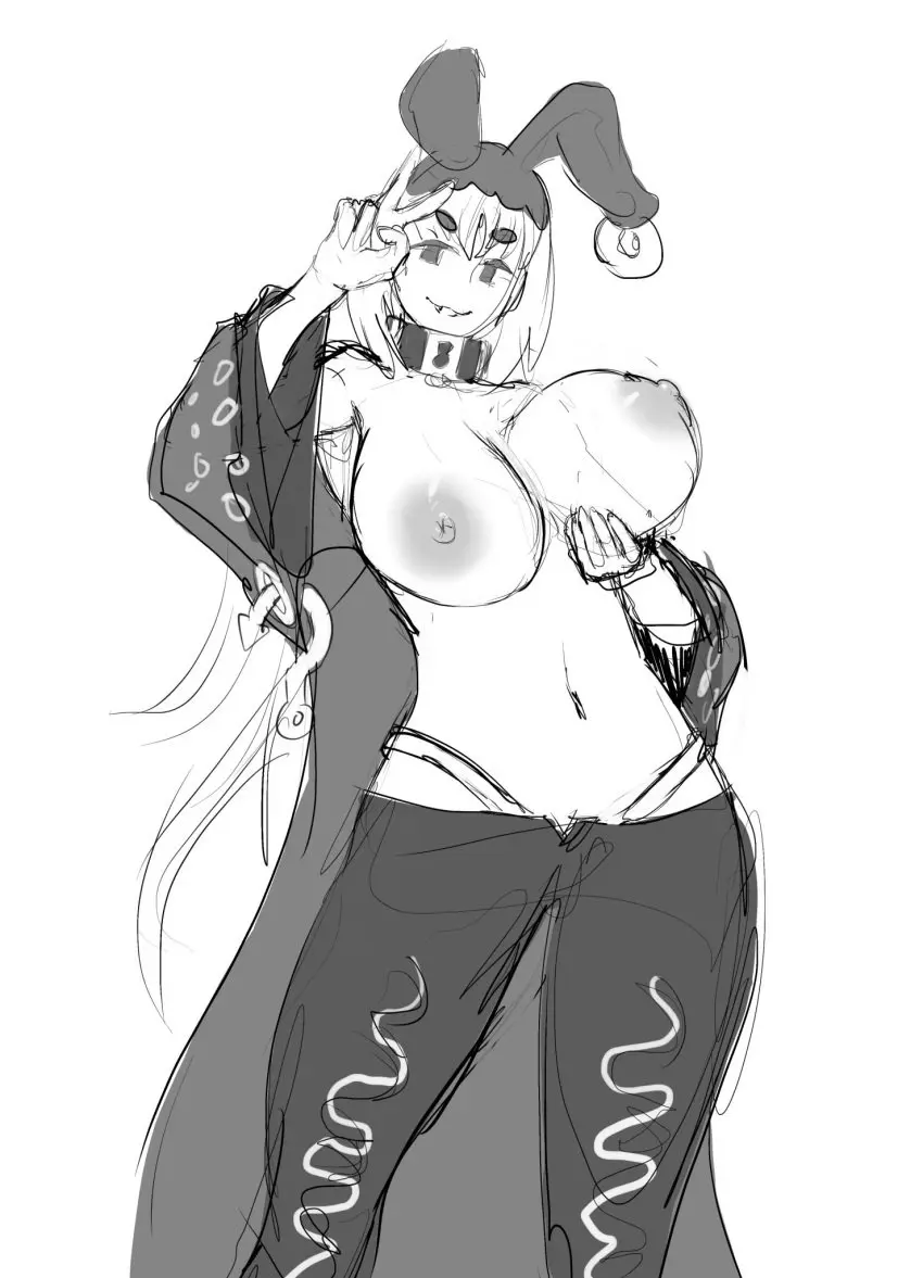 Image big_breasts,breasts,clothing,female,looking_at_viewer,solo,virtual_youtuber,twitch,puffy_nipples,sketch,breast_squeeze,mollusk,mollusk_humanoid,sea_slug,amai_umimaru