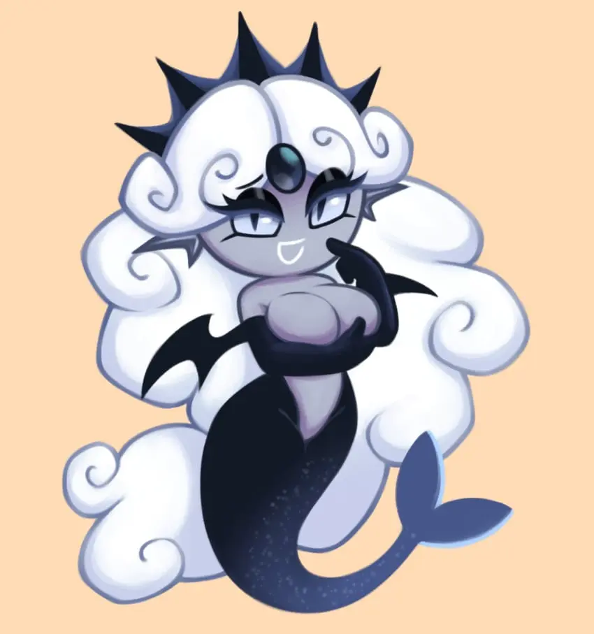 Image big_breasts,breasts,female,long_hair,open_mouth,smile,white_hair,hips,eyelashes,pearl_(gem),tagme,half-closed_eyes,curvy,curvy_figure,grey_body,breast_grab,holding_breast,armwear,breast_hold,mermaid,mermaid_tail,grey_skin,cookie_run,cookie_run_kingdom,black_pearl_cookie,merfolk,soff_doll
