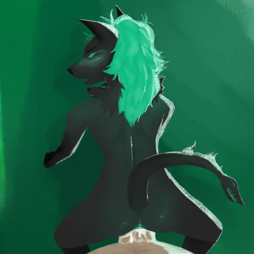 Image blush, cum, male, furry, humanoid, doggy_style, on_hands_and_knees, anal, anal_sex, cum_inside, fortnite, naked, wet, gay, on_knees, no_clothes, twink, no_pupils, teal_eyes, cerberus, cerberus_(fortnite), shiny_ass, boys, teal_hair