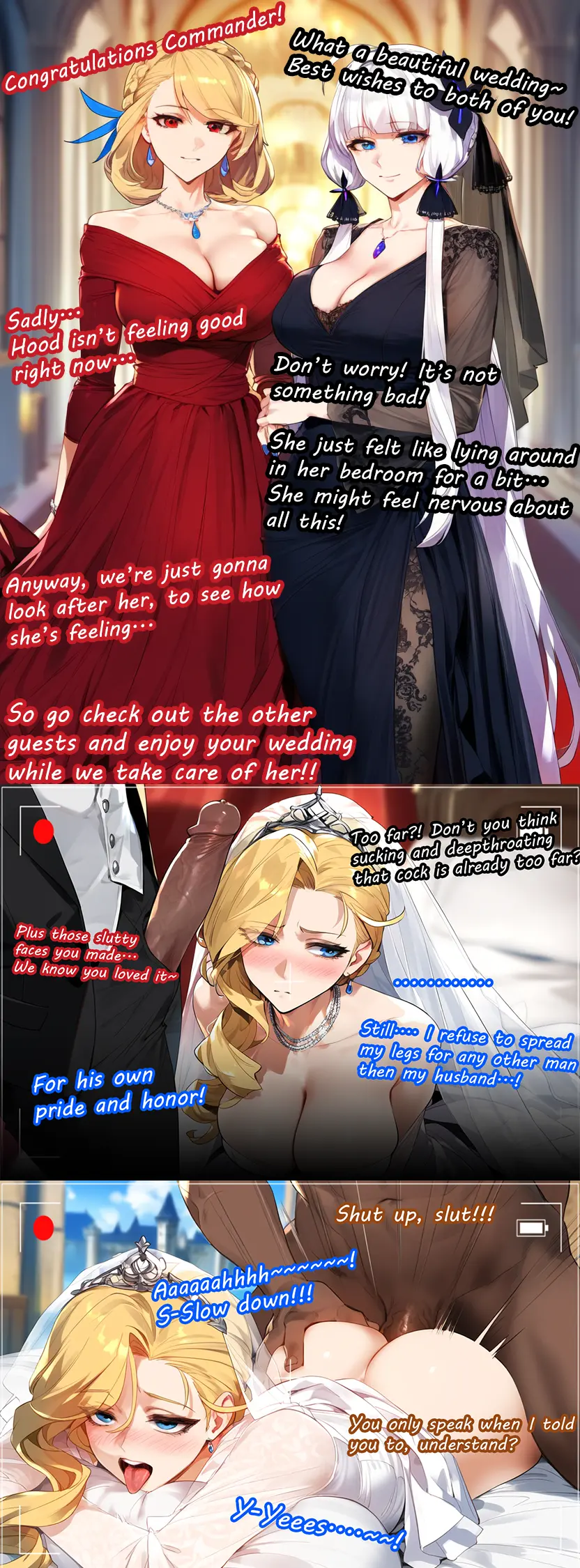 Image big_breasts,breasts,female,2girls,male,dark-skinned_male,ai_generated,text,blonde_hair,dress,dialogue,english_text,3girls,azur_lane,cheating,netorare,ntr,cuckold,wedding_dress,cheating_on_wedding_day,hood_(azur_lane),wedding_night,illustrious_(azur_lane),prince_of_wales_(azur_lane),rantyp,supportive