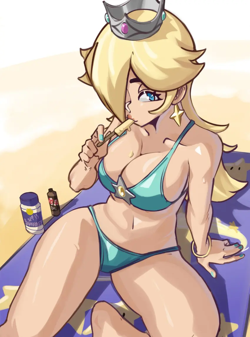 Image 1girls,big_breasts,breasts,female,female_only,long_hair,looking_at_viewer,shiny_skin,solo,blue_eyes,sweat,bikini,earrings,thighs,hair_over_one_eye,wide_hips,beach,cleavage,collarbone,eyelashes,jewelry,blonde_hair,sitting,lips,nail_polish,mario_(series),nintendo,outdoors,bracelet,sand,blue_bikini,2024,2020s,blue_nails,swimwear,crown,bangle,beach_towel,princess_rosalina,popsicle,star_earrings,moxydrawsmore