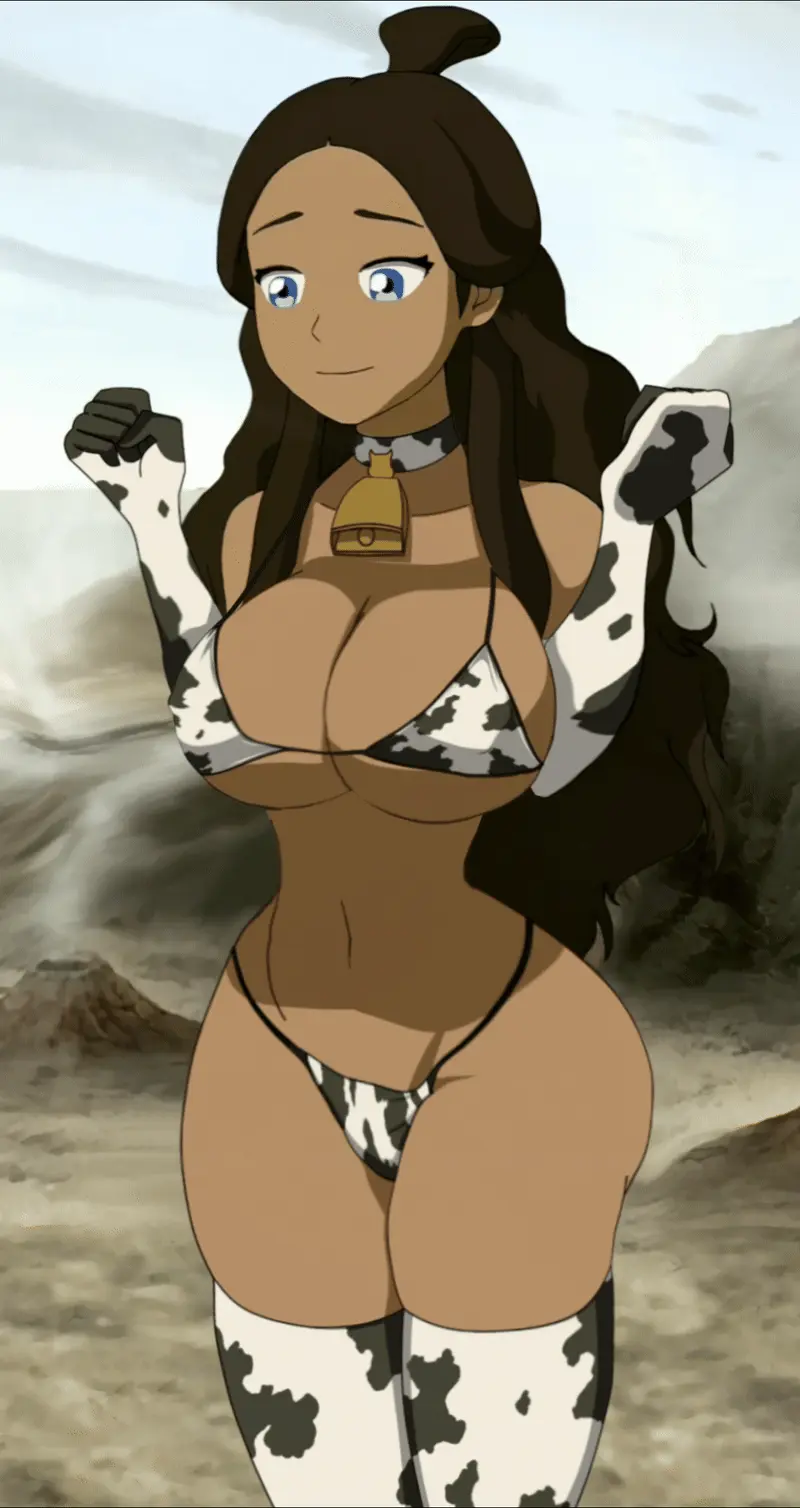 Image 1girls,breasts,female,female_only,human,solo,black_hair,blue_eyes,bikini,cow_print,dark-skinned_female,animated,alternate_breast_size,bouncing_breasts,cow_girl,avatar_legends,avatar_the_last_airbender,katara,water_tribe,nickelodeon,cowbell