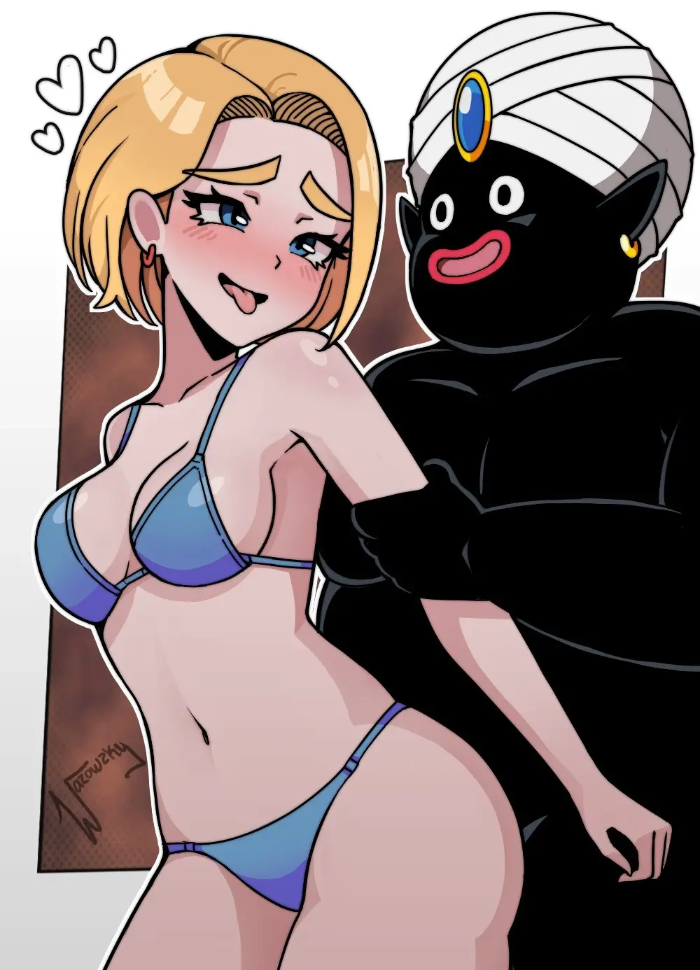 Image female,blue_eyes,male,dark-skinned_male,interracial,blonde_hair,android_18,dragon_ball,dragon_ball_z,black_body,interspecies,non-human,dragon_ball_super,cheating_wife,mr_popo,wazowzky