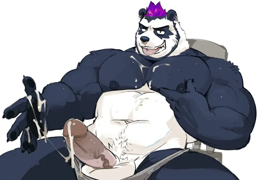 Image looking_at_viewer,1boy,cum,male,penis,tongue_out,furry,sex,thighs,muscular,male_only,balls,huge_cock,veiny_penis,gay,big_balls,masturbation,beard,sitting_on_chair,muscles,dyed_hair,cum_everywhere,panda,hard_cock,big_pecs,massive_penis,nose_piercing,cum_on_chest,tongue_piercing,cum_on_hand,hairy_penis,after_masturbation,grabbing_pecs,pierced_ears,dylan_(saltypoundcake),saltypoundcake,spookeedoo