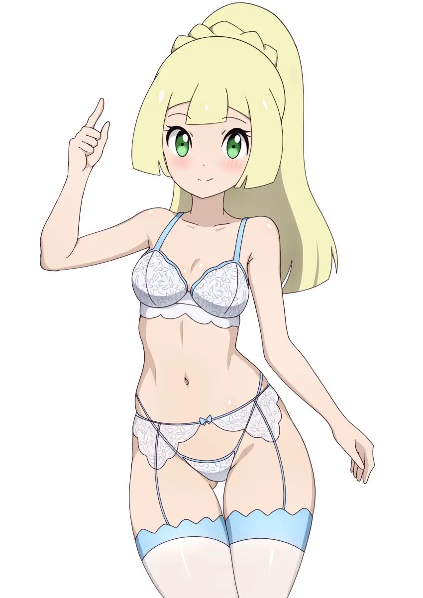 Image 1girls,breasts,female,solo,pokemon,small_breasts,thighs,wide_hips,white_lingerie,blonde_hair,green_eyes,pale-skinned_female,stockings,pale_skin,pinup,blonde_hair_female,pokemon_sm,white_stockings,lillie_(pokemon),mnkr98