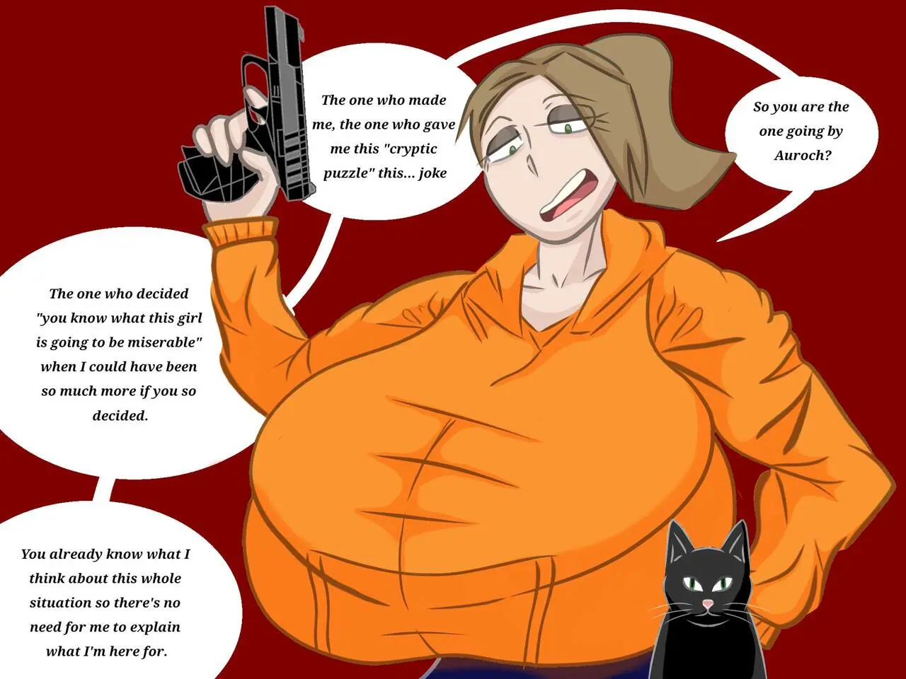 Image 1girls,female,ponytail,text,original_character,feline,speech_bubble,text_bubble,hoodie,top_heavy,bra_visible_through_clothes,meta,gun,cat,inconvenient_breasts,black_cat,baggy_clothing,straining_clothing,finger_on_trigger,auroch_nsfw,marie_(auroch_nsfw)