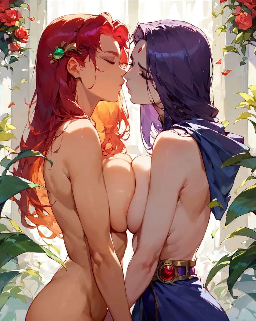 Image big_breasts, breasts, female, female_only, long_hair, 2girls, ai_generated, nude_female, pale-skinned_female, purple_hair, topless, yuri, dc, dc_comics, superheroine, teen_titans, starfire, alien_humanoid, partially_clothed_female, raven_(dc), rachel_roth, symmetrical_docking, imminent_kiss, head_jewelry, bazoombasakimbo